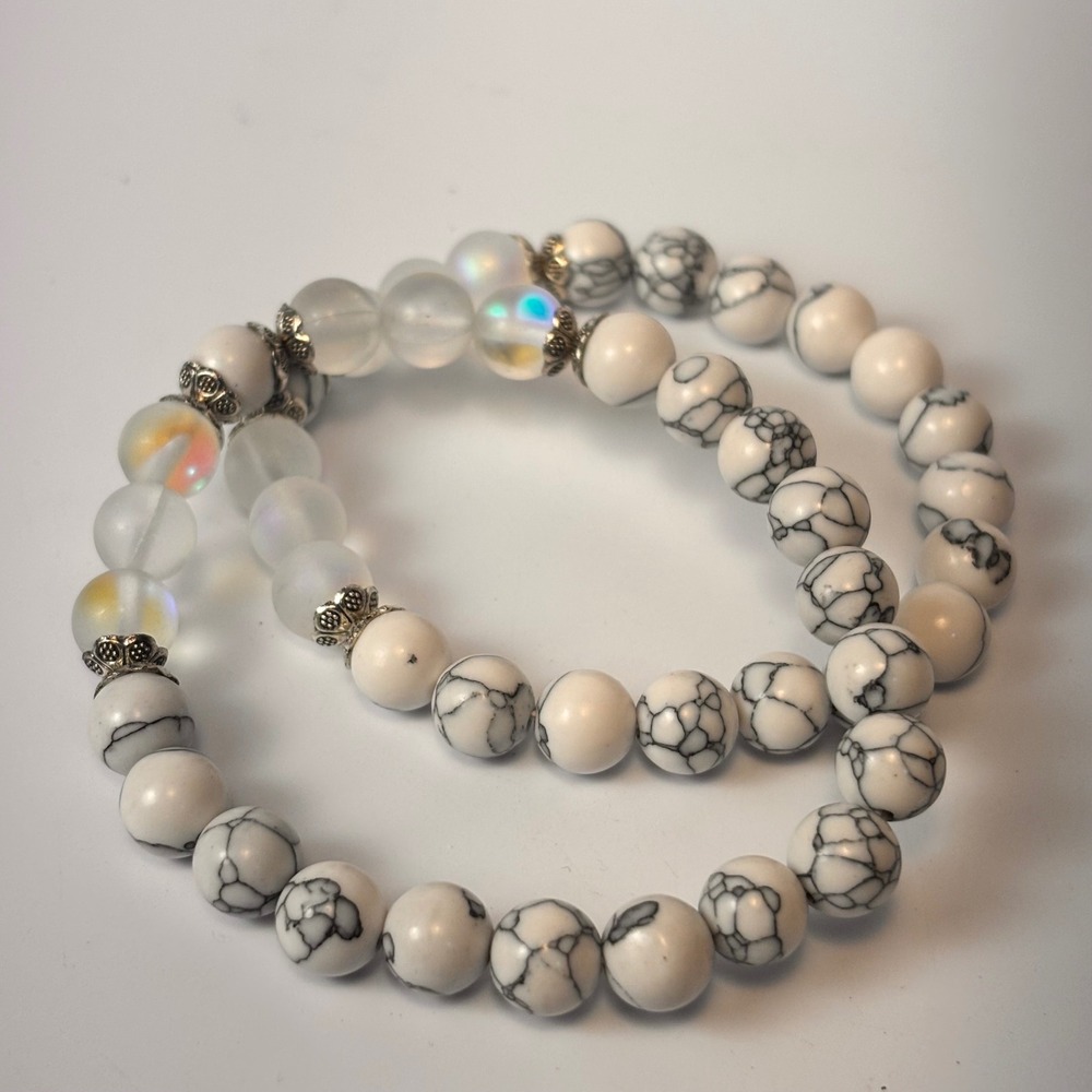 Beaded Bracelet Set White Marbled Iridescent Glass Boho Whimsygoth 2pc